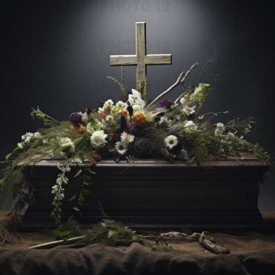 Coffin with cross, atmospherically decorated with flowers, funeral bouquet, KI generated, AI