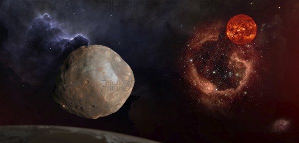 Fantasy composition of Phobos, the satellite of Mars. The old Sun shines over the RCW 79 nebula in