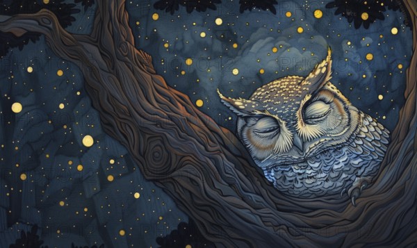 Marker drawing of a sleepy owl nestled in a tree hollow against a backdrop of twinkling stars AI