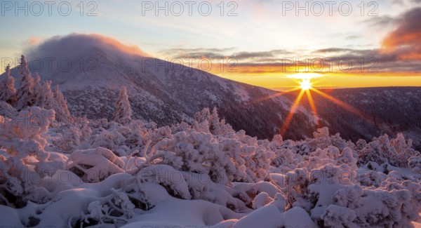 Winter sunrise in the Karkonosze Mountains with a view of Sniezka peak. Karkonosze National Park,