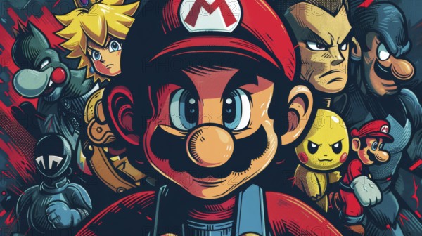 Colorful vector art mash-up of Mario with ninja and various fictional characters, ai generated, AI
