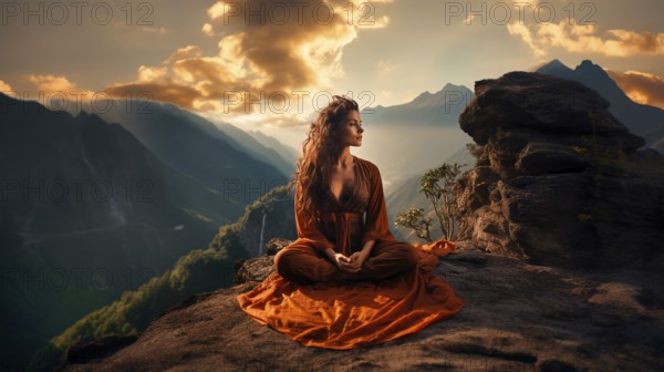Young woman meditating in the sunset, in a Nepalese high valley, KI generated, AI generated