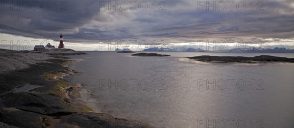 Tranoey Fyr lighthouse, view across the Vestfjord towards the Lofoten, Hamaröy, Hamarøy, Vestfjord,