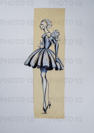 Fashion sketch, fashion design, women's fashion, haute couture collection, pencil drawing, mixed