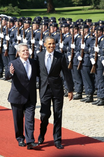 President Barack Obama during the welcoming ceremony at Bellevue Palace with the German President