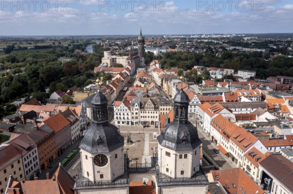 Drone shot, aerial view, drone photo, picture from above, historic town church St. Marien, view