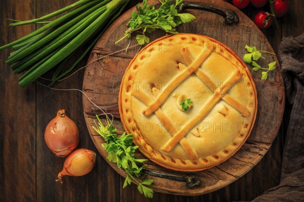 Empanada Gallega - traditional pie stuffed with tuna, Galician and Spanish cuisine. Tart with tuna