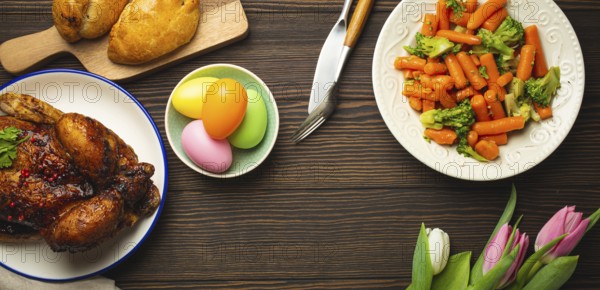 Easter food on dark rustic table: pastel colored eggs, roasted chicken and vegetables, buns and