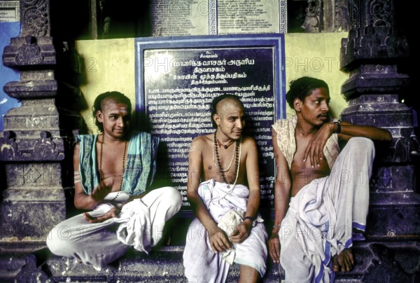 Dikshitars sitting in the corridor of Thillai Nataraja temple in Chidambaram, Tamil Nadu, South