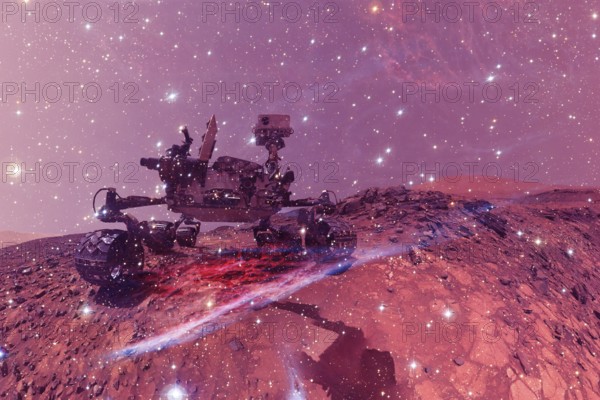 Curiosity rover exploring the surface of Mars. Science fiction wallpaper. Elements of this image