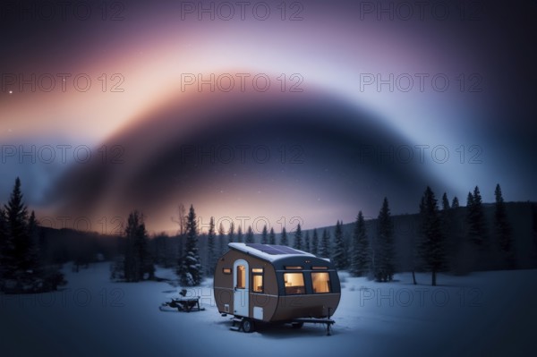 Trailer outdoors in winter in the forest with a solar panel on the roof. The concept of life