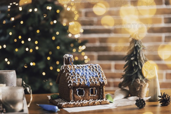 Little homemade gingerbread house standing on table with decorations, candles in living room