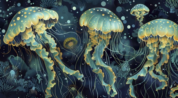 Illustration of golden glowing jellyfish in a dark teal aquatic environment, ai generated, AI