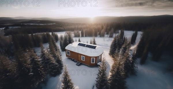 Trailer outdoors in winter in the forest with a solar panel on the roof. The concept of life
