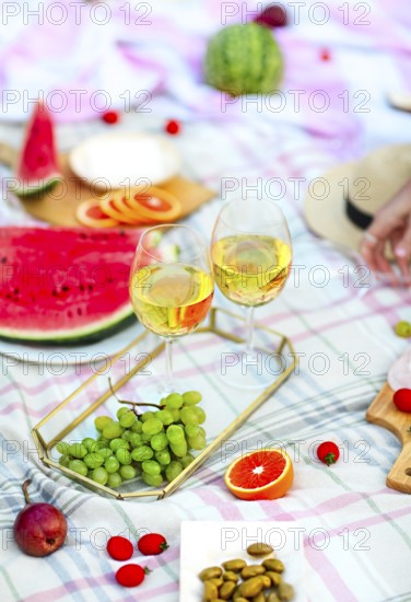 Picnic background with white wine on green grass close-up