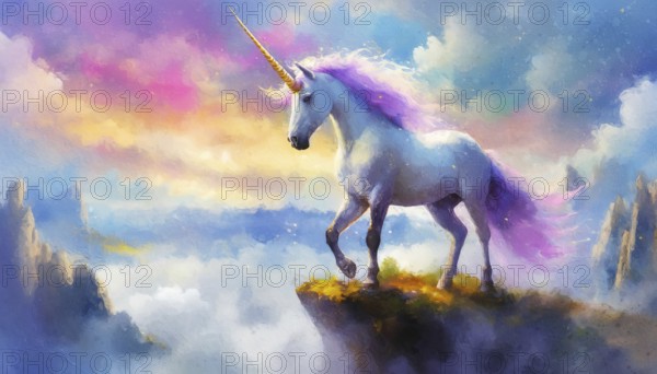 Wild and free unicorn standing lonely at the edge of a cliff above the clouds with a scenery view
