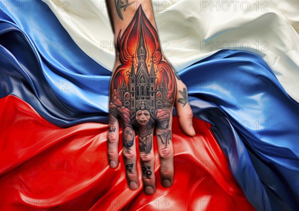 A hand tattooed with Russian motifs lies on a national flag with the colours white, blue and red,