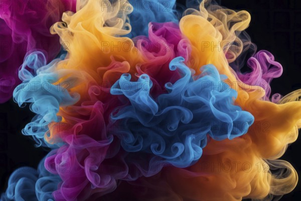 Vibrant blue, magenta, and orange smoke creating a dynamic abstract pattern, Color Smoke, AI