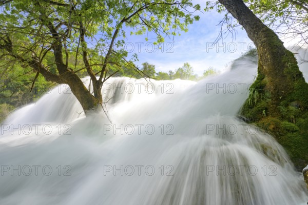 Dynamic water cascading powerfully through a green forest landscape, Krka National Park, Krka