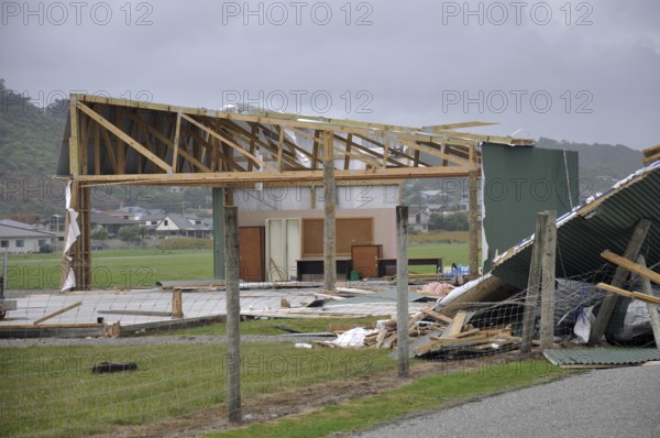 Aircraft hangars destroyed by Cyclone Ita, Greymouth, New Zealand, April 2014, Oceania
