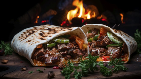 Döner kebab meat, stuffed in a thin pita bread, lies on a tree slice, a fire blazing in the