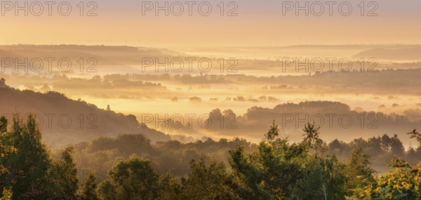 View into the Saale valley with morning fog at sunrise, Naumburg, Burgenlandkreis, Saxony-Anhalt,