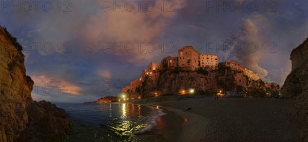 Panorama on the beach Lido Le Roccette Club Tropea with the old town of Tropea perched on sandstone