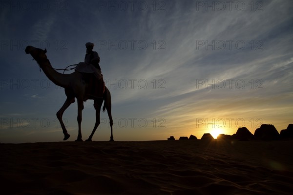 Man riding a camel at sunset at the pyramids of the north cemetery Meroe, Nubia, Nahr an-Nil,