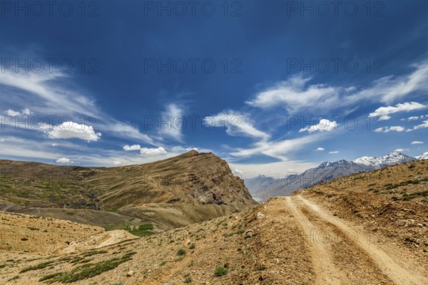 Dirt road in Himalayas. Spiti Valley, Himachal Pradesh, India, Asia