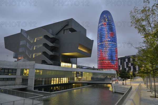 Torre Agbar, architect Jean Nouvel, at dusk, Avinguda Diagonal, Barcelona, ??Catalonia, Spain,