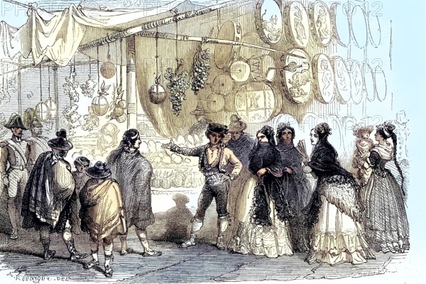 Fruit merchants and nougat traders at Christmas 1880 on the Plaza Mayor in Madrid, Spain, Historic,