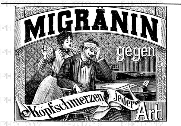 Advertisement for Migranin for headaches and migraines by Farbwerke Höchst, 1890, Germany,