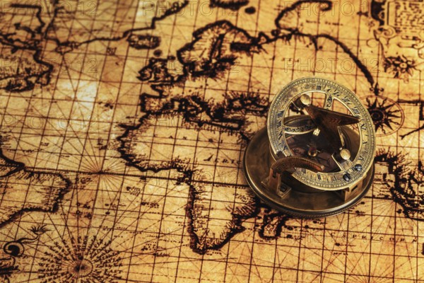 Travel geography navigation concept background, old vintage retro compass with sundial on ancient