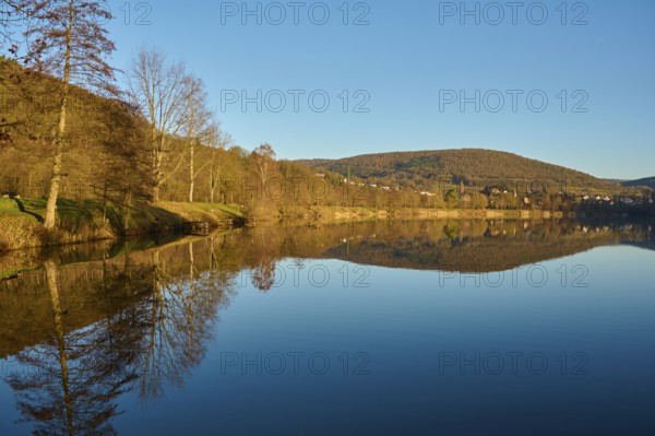 Lake at sunrise, Freudenberg am Main, Untermain, Spessart, Odenwald, Franconia, Baden-Württemberg,