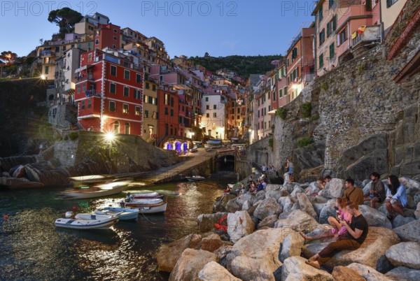 Fishing village of Riomaggiore, blue hour, Cinque Terre, province of La Spezia, Liguria, Italy,