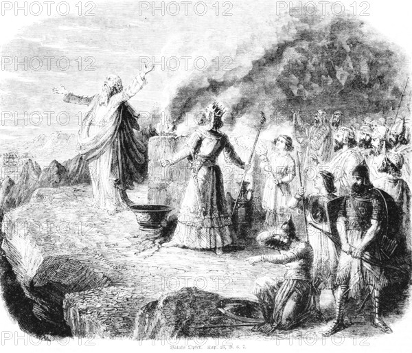 Balak's sacrifice, crowd, Balak, talk, Syria, king, Jacob, curse, fire, weapons, landscape,