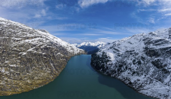 Aerial view over the Zervreila reservoir with a view into the Vals Valley, Vals Valley, Canton