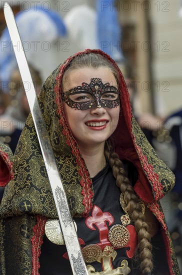 Woman in historic clothes, Moors and Christians Parade, Moros y Cristianos, Jijona or Xixona,