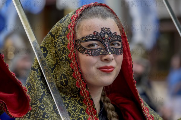 Woman in historic clothing, Moors and Christians Parade, Moros y Cristianos, Jijona or Xixona,