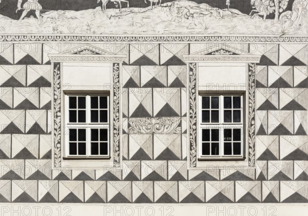 Detail of sgraffito decoration on facade of the Knights, U Rytiru, house, Mikulov, Czech Republic,