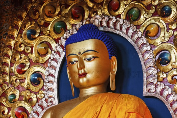 Gilded statue of Sakyamuni Buddha in Tsuglagkhang temple. McLeod Ganj, Himachal Pradesh, India,