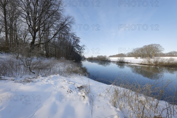 Dorsten, North Rhine-Westphalia, Germany - Sunny winter landscape in the Ruhr area, ice and snow on