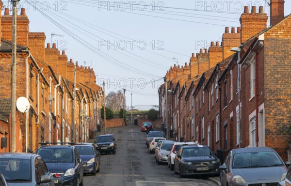 Victorian terraced housing with no front gardens, Bernard Street, inner city of Lincoln,