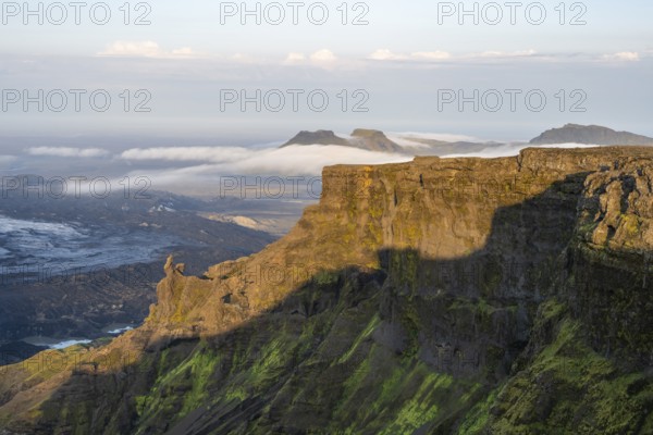 Cliff in the evening light, Impressive landscape with mountains and glaciers, Huldujökull and