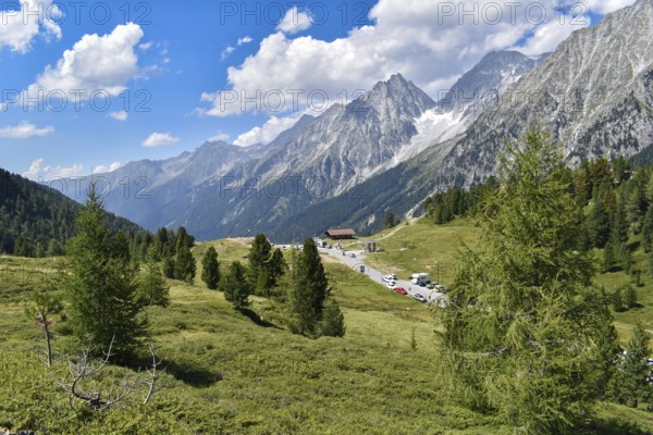 View over the Staller Sattel, the crossing to South Tyrol, to the peaks of Hochgall and Wildgall,