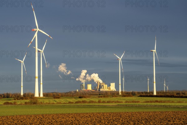 RWE Power lignite-fired power plant Neurath, RWE wind farm near Grevenbroich, power plant units,