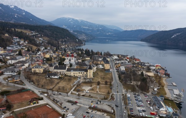 Drone shot, view of the town, Millstatt Abbey, Millstatt, Lake Millstatt, Carinthia, Austria,