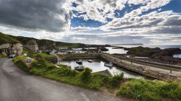 View of fishing harbour, Ballintoy Harbour, Causeway Coastal Route, Antrim, Northern Ireland, Great