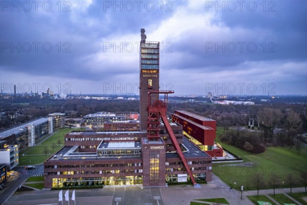 Nordstern colliery seen from the air at dusk, Gelsenkirchen, North Rhine-Westphalia, Germany,