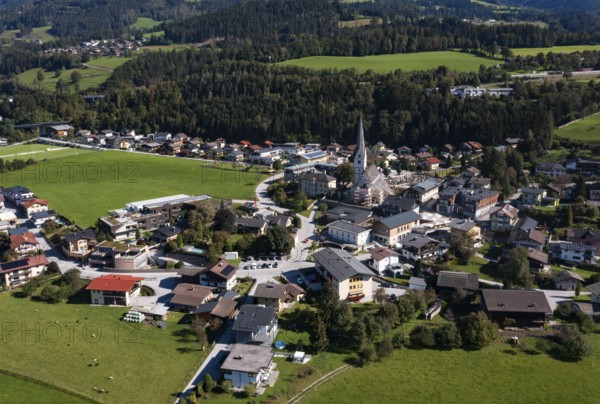 Drone image, settlement area, view of village with church, Pfarrwerfen, Salzachtal, Pongau,